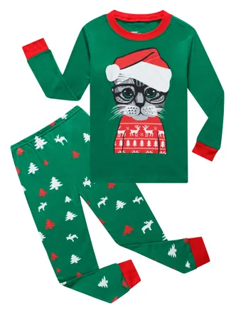 Christmas Cat Long Sleeve Pajama Set, Green