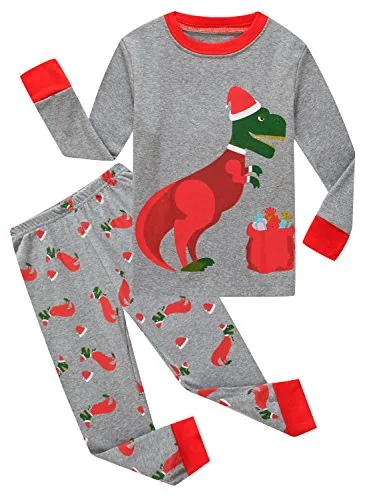 Christmas Dinosaur Long Sleeve Pajama Set, Grey (size 10)